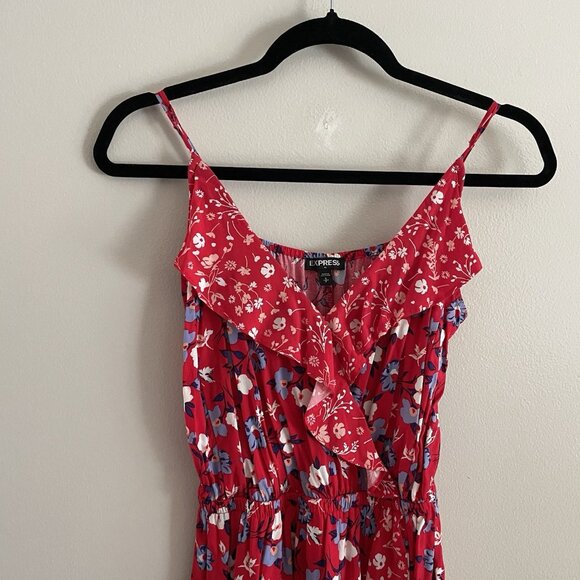 Express Women Sz S Red Floral Faux Wrap Adj Spaghetti Strap Ruffled Sundress - Picture 4 of 11